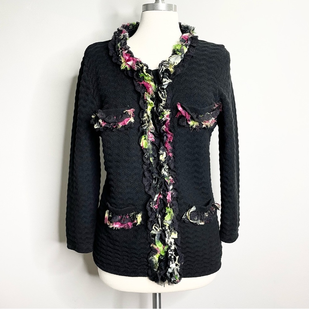 MICHAEL SIMON Floral Lace Ruffle Knit Cardigan
